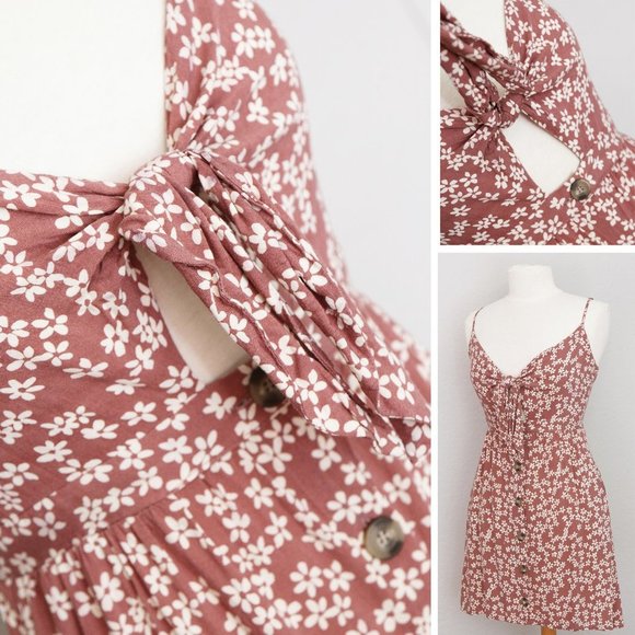 Mimi Chica Mauve Cream Floral Bow Tie Front Cutout Button Front Mini Dress M - Picture 4 of 9